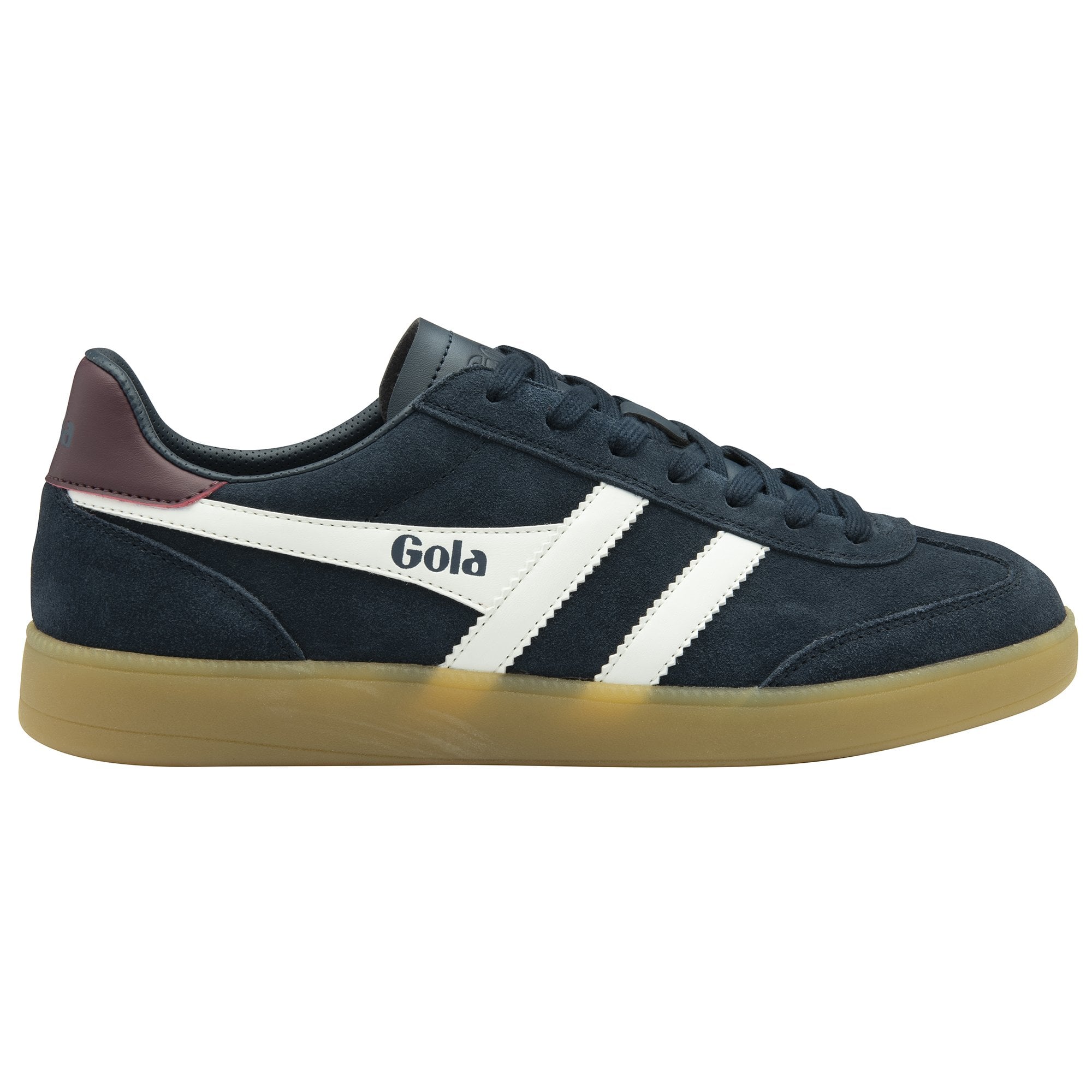 A single men's Gola sneaker, navy blue with white stripes and a brown sole, side view.