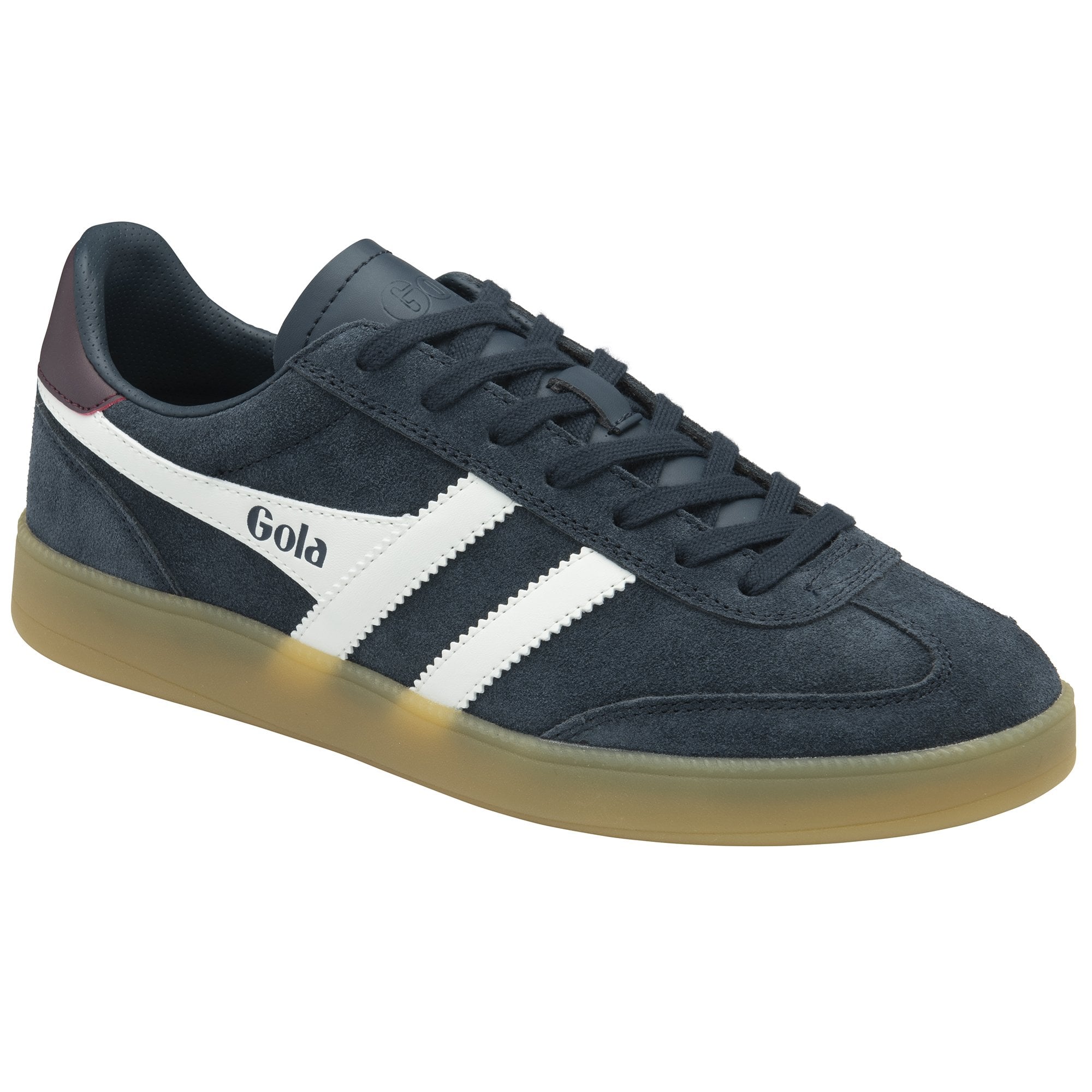 A single men's Gola sneaker, navy blue with white stripes and a brown sole, side angle.