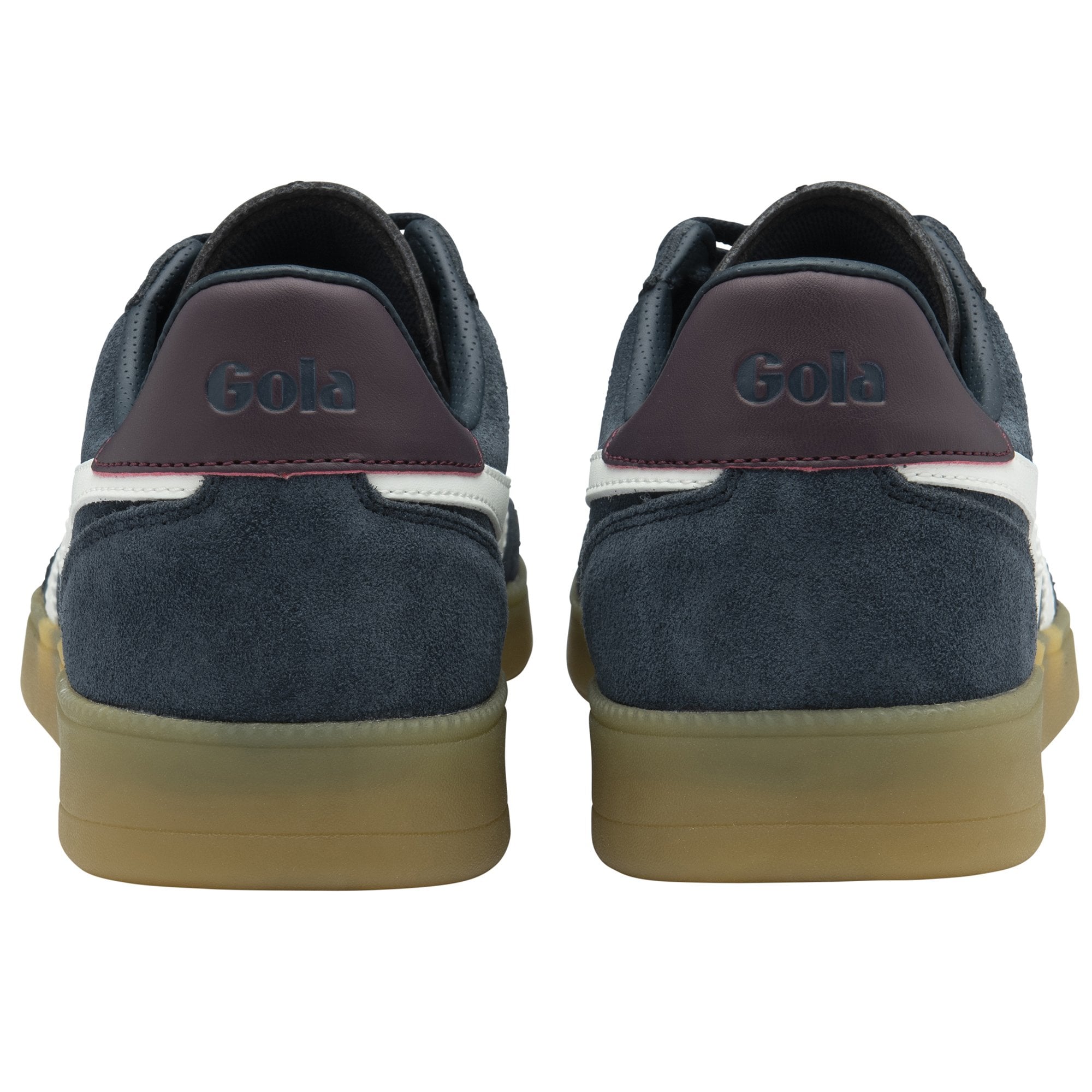 Rear view of a pair of men's Gola sneakers, navy blue with white accents and brown soles.