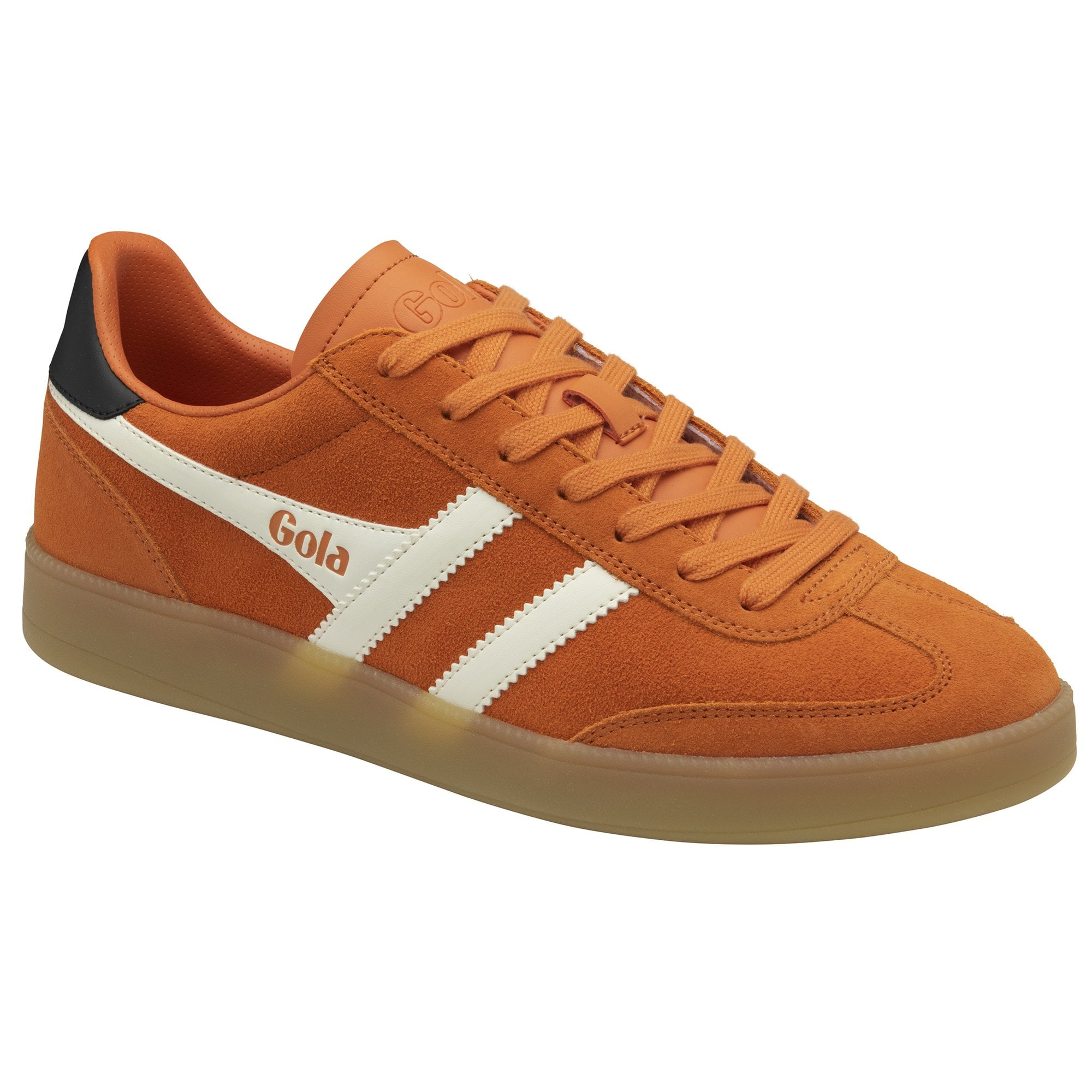 An orange Gola sneaker featuring white stripes and a gum sole, viewed from the side.