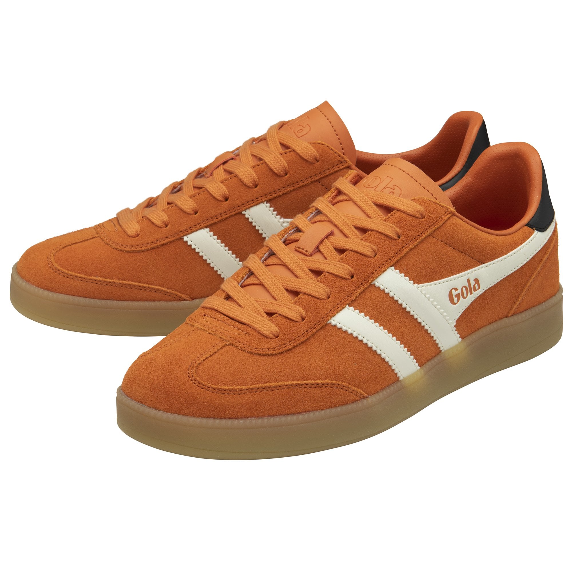 A pair of orange Gola sneakers with white stripes and gum soles.