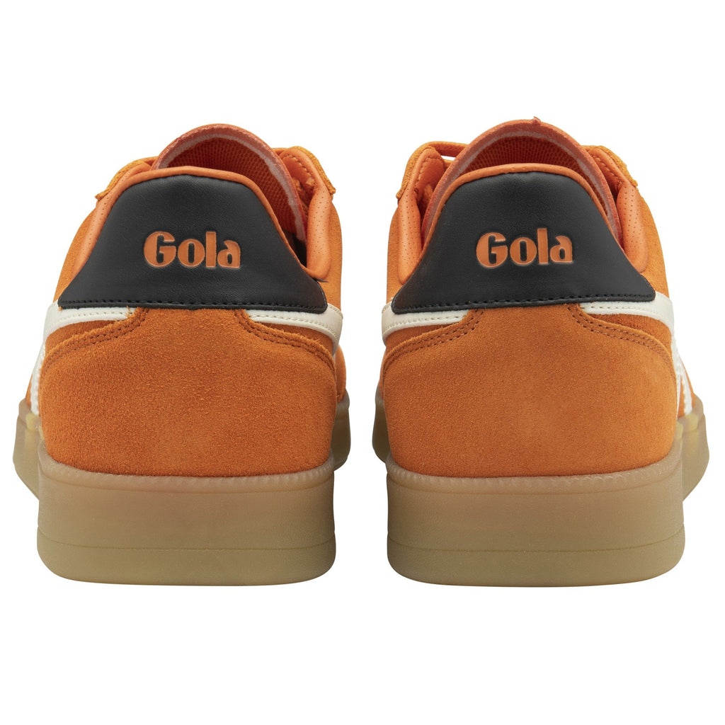 Rear view of two orange Gola sneakers, highlighting the branding on the heel.