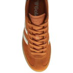 Top-down view of an orange Gola sneaker, showcasing laces and interior logo.