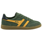 A single Gola men's sneaker in deep green with yellow stripes and a gum sole, shown from the side.