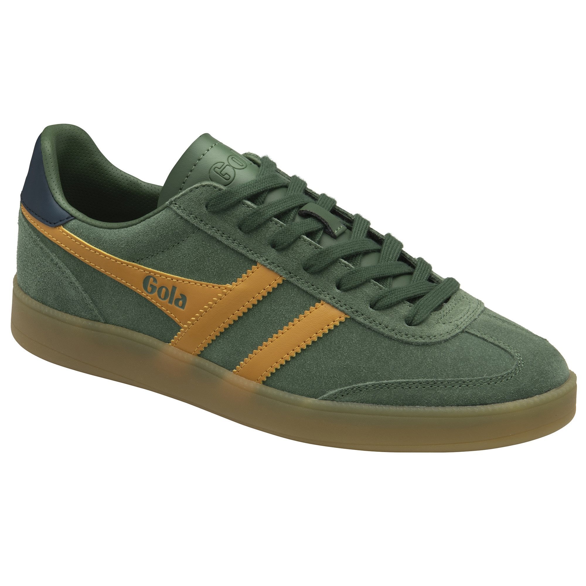 A single men's Gola sneaker in deep green with yellow stripes and a gum sole, viewed from an angle.
