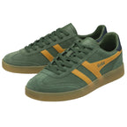 A pair of men's Gola sneakers in deep green with yellow stripes and a gum sole.