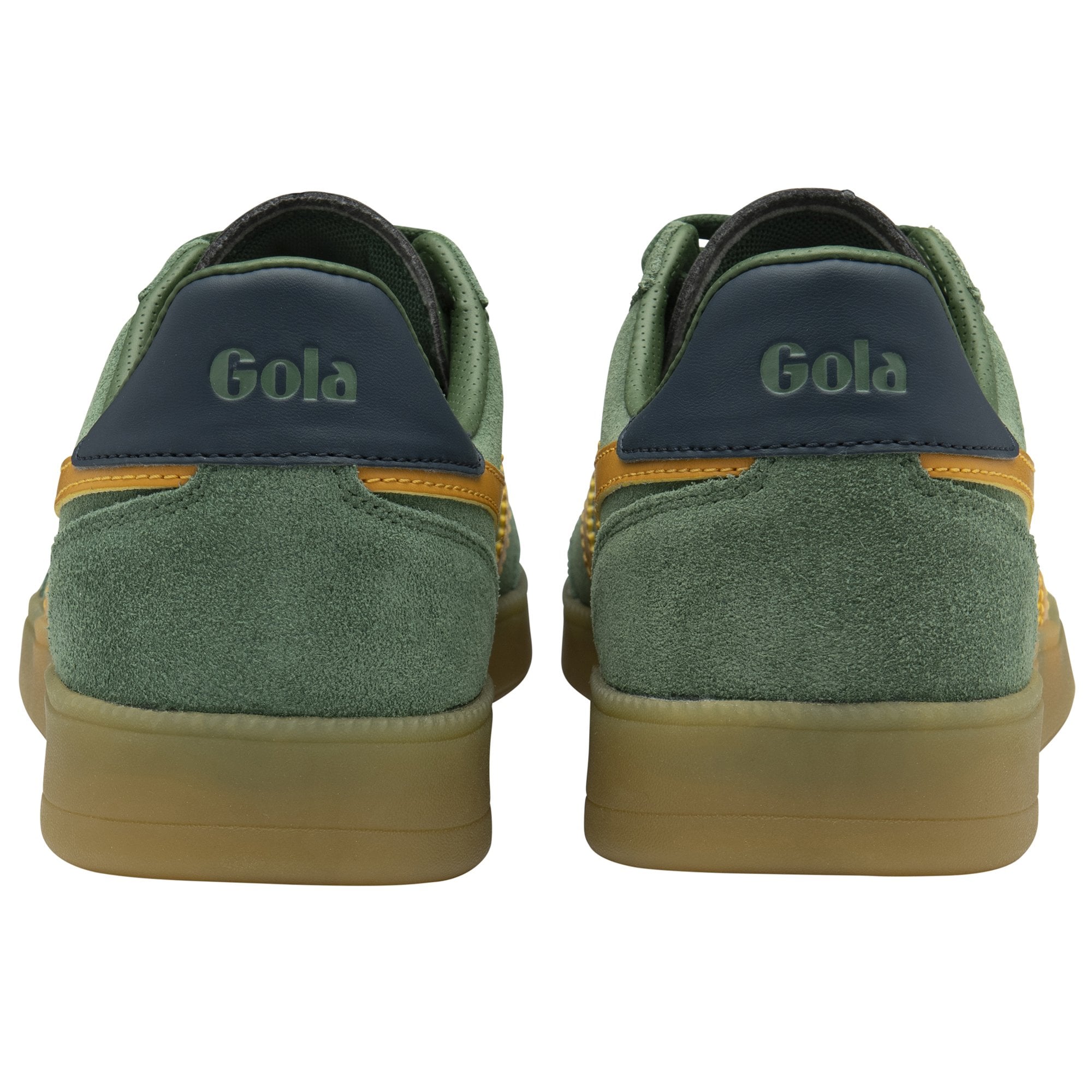 The back view of a pair of Gola men's sneakers in deep green with yellow stripes and a gum sole.