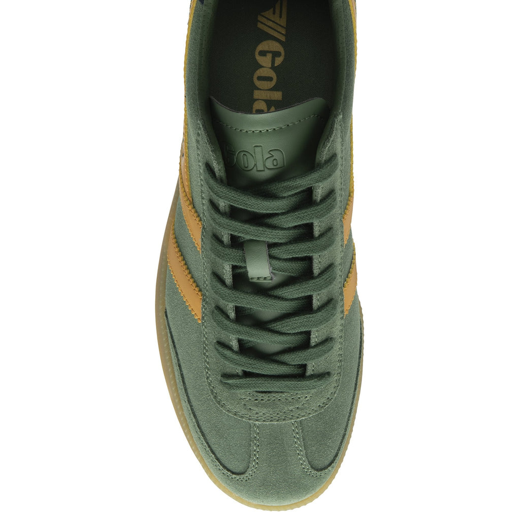 Top-down view of a single Gola men's sneaker in deep green with yellow stripes and a gum sole.