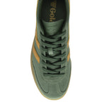 Top-down view of a single Gola men's sneaker in deep green with yellow stripes and a gum sole.