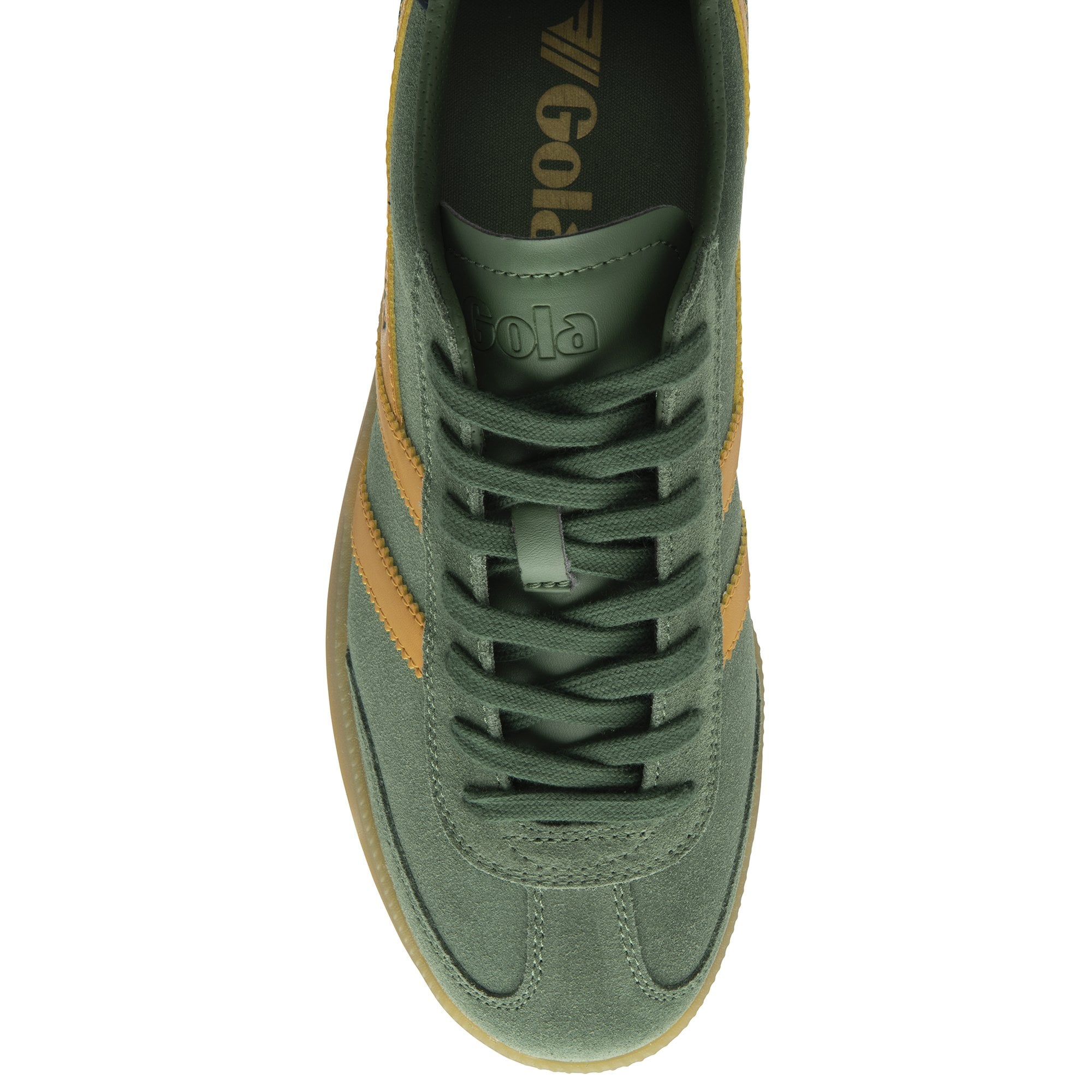 Top-down view of a single Gola men's sneaker in deep green with yellow stripes and a gum sole.