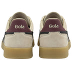 Rear view of a pair of beige Gola sneakers with dark red heel accents.