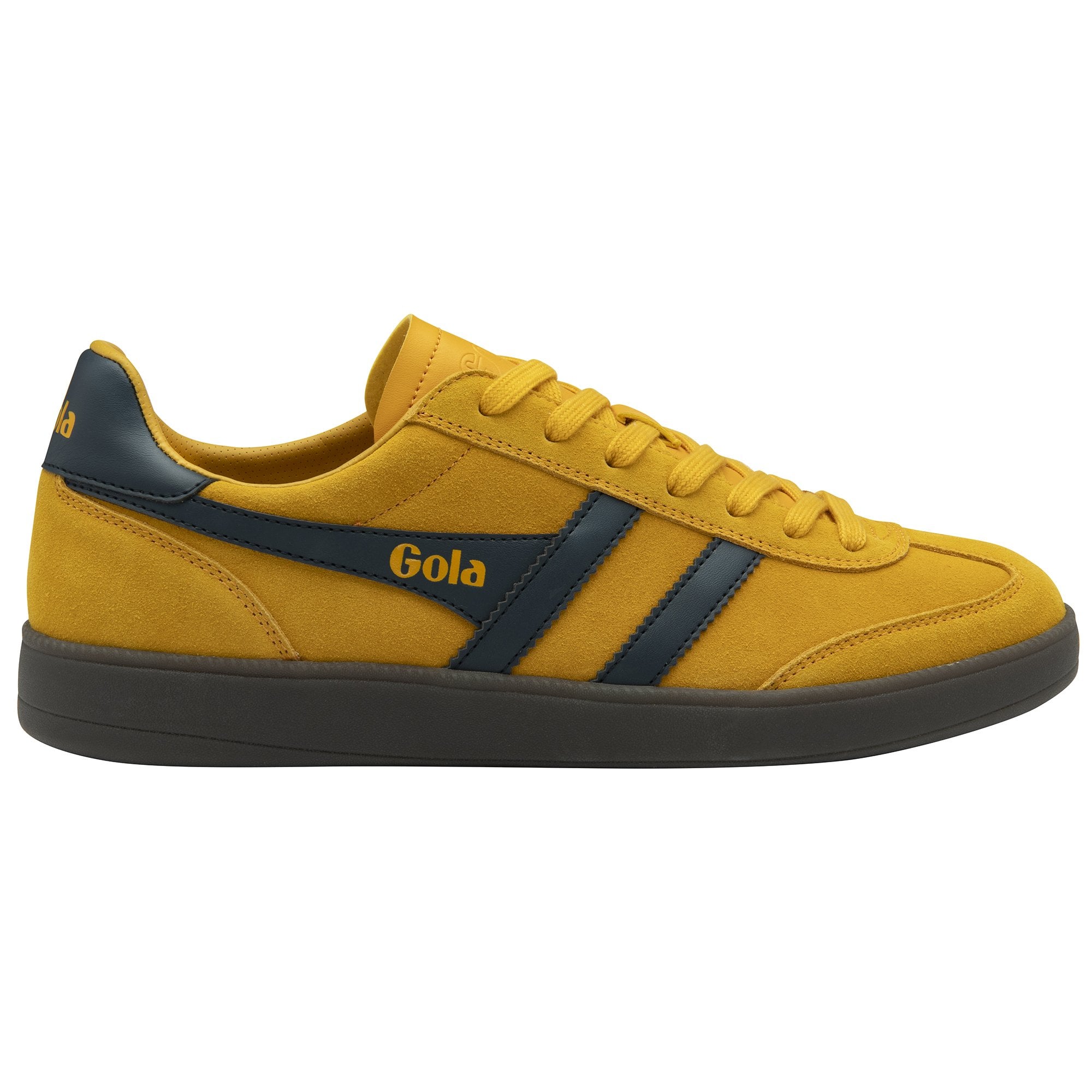Mustard yellow Gola sneaker with dark blue stripe and logo, viewed from the side.