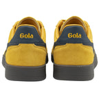 Back view of two mustard yellow Gola sneakers, showing dark blue heel detail.