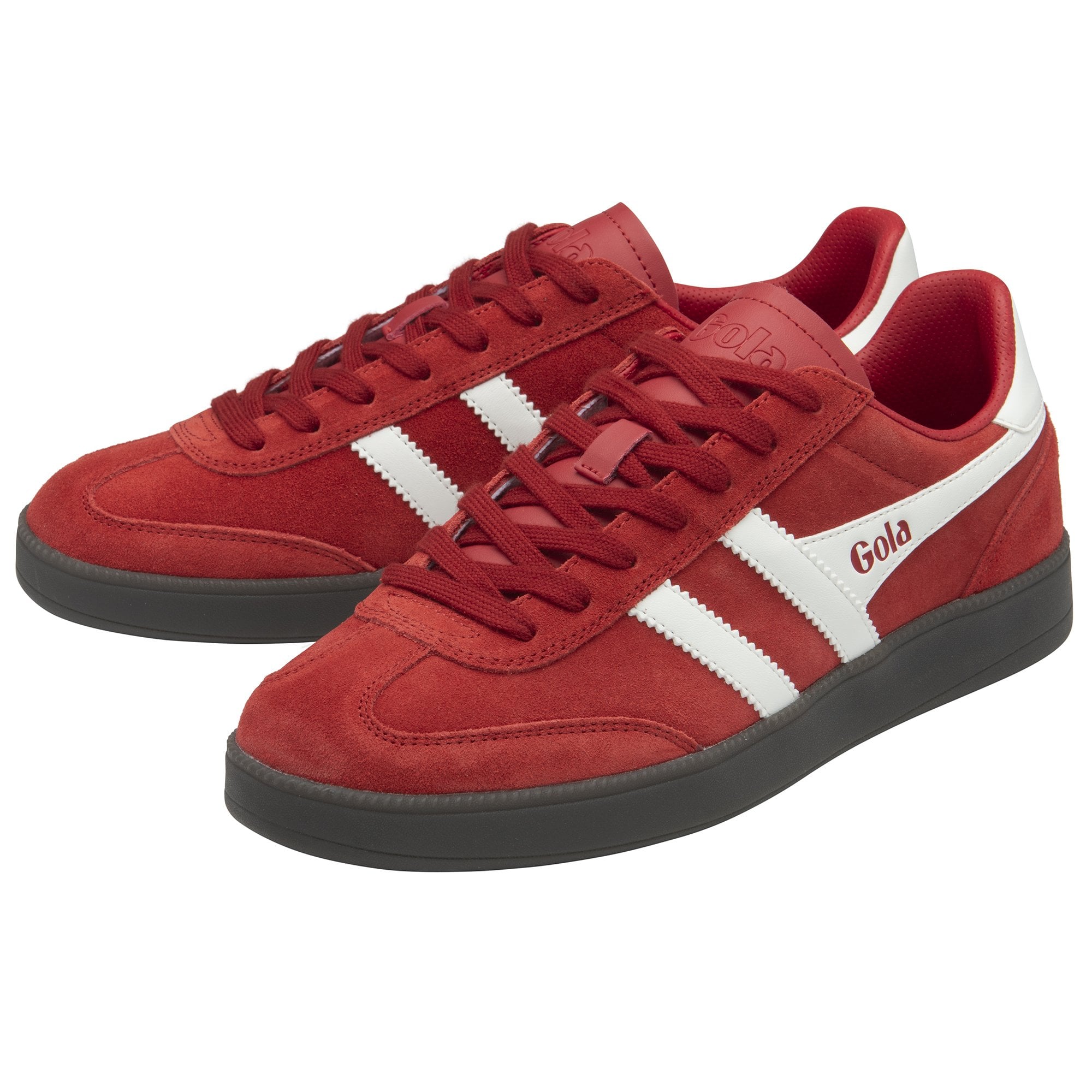 A pair of red Gola sneakers with white stripes and dark soles.
