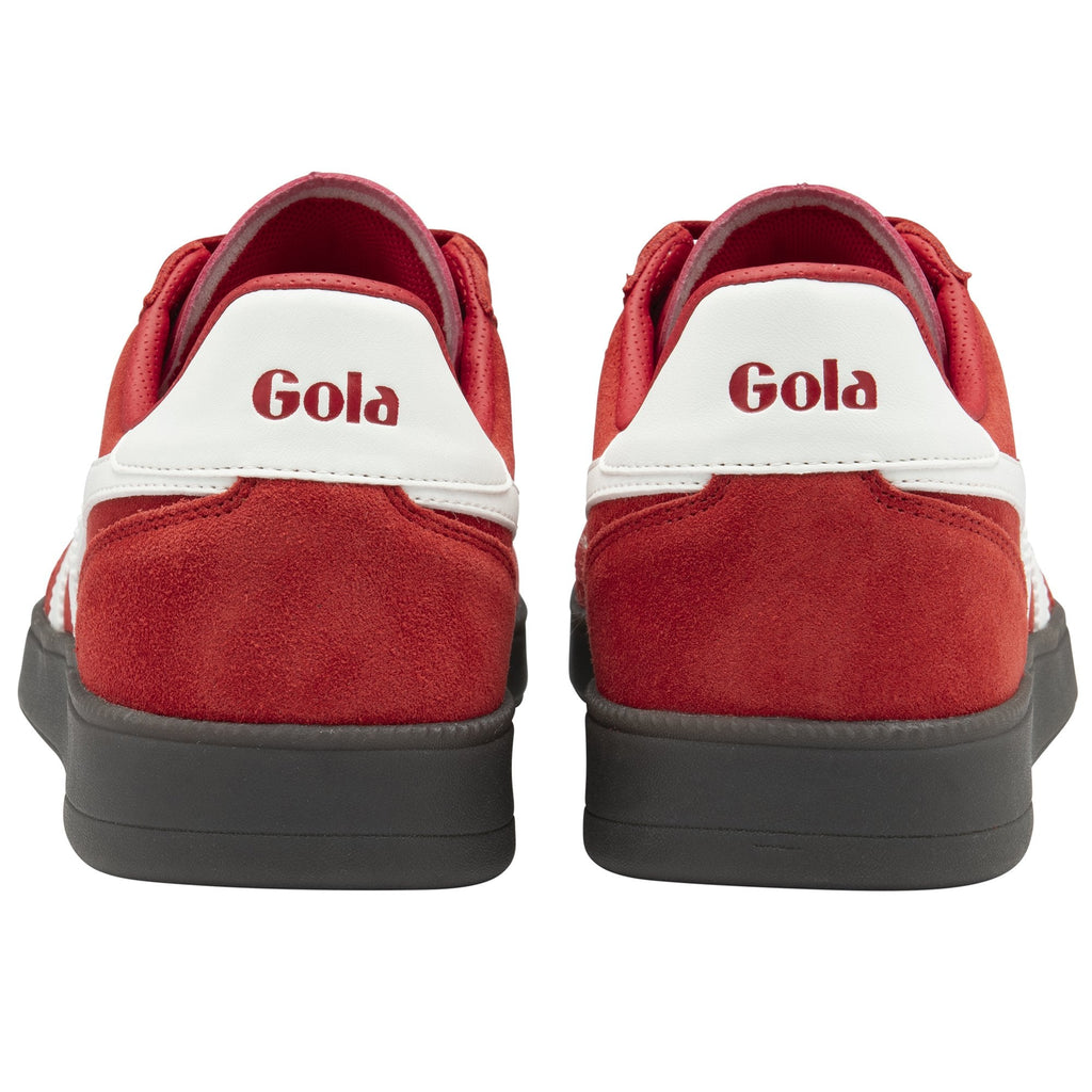 The back view of a pair of red Gola sneakers with white heel accents.