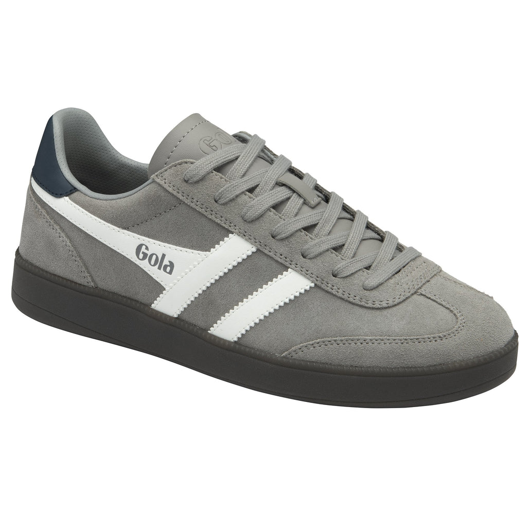 A single gray Gola sneaker with white stripes and dark blue accent on the heel.