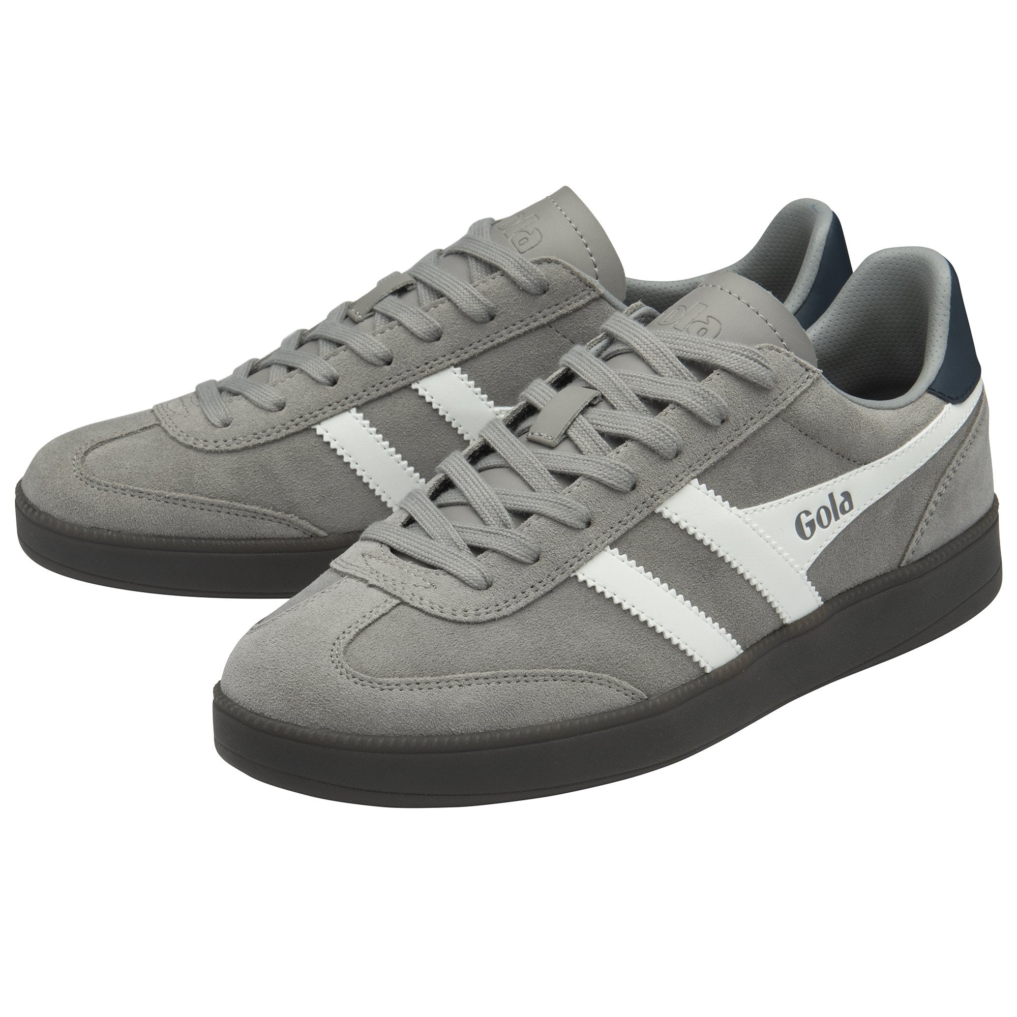 A pair of gray Gola sneakers with white stripes and dark blue accents on the heels.
