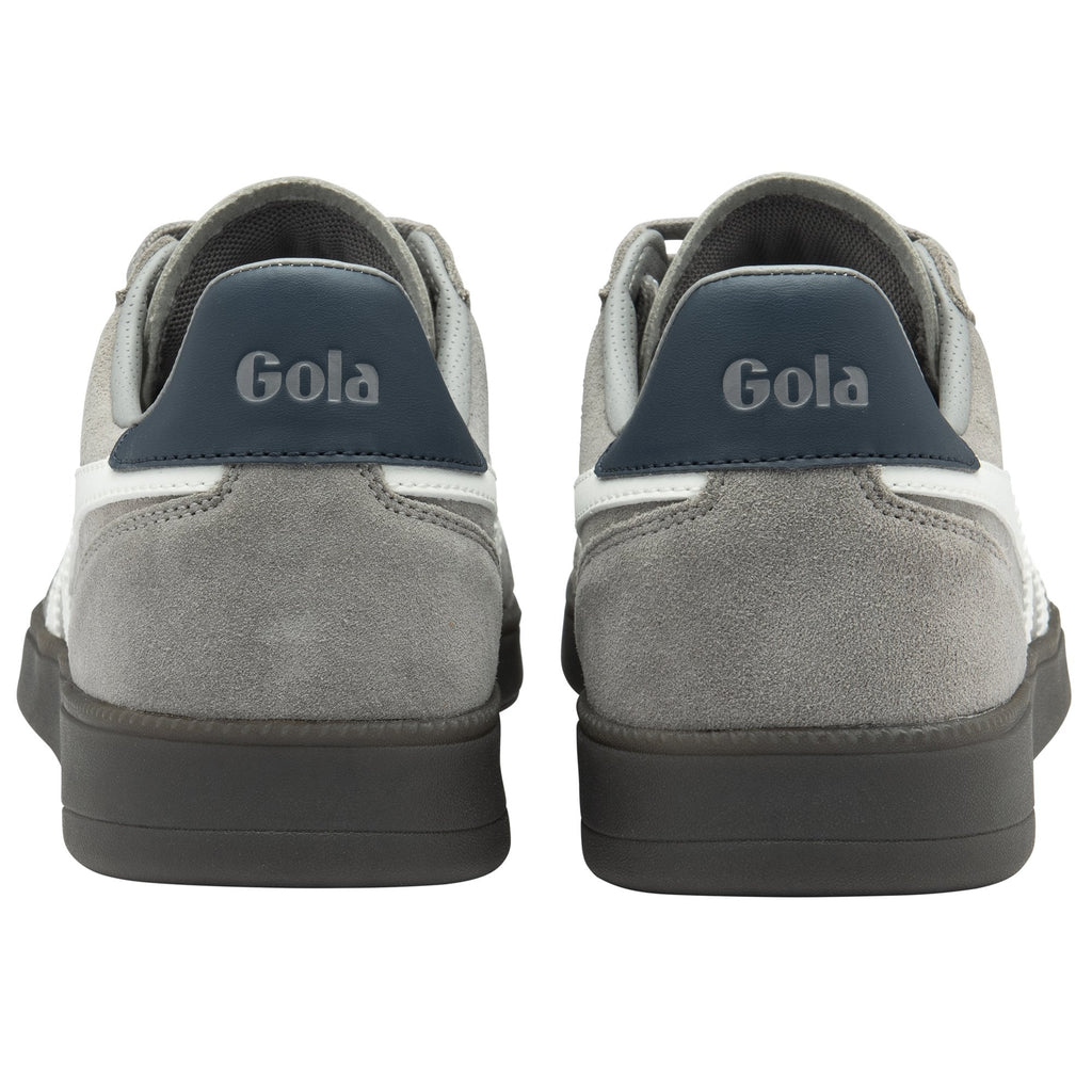 Rear view of two grey Gola sneakers with navy blue heel tabs and white stripes