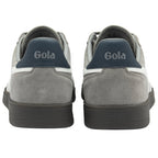 Rear view of two grey Gola sneakers with navy blue heel tabs and white stripes