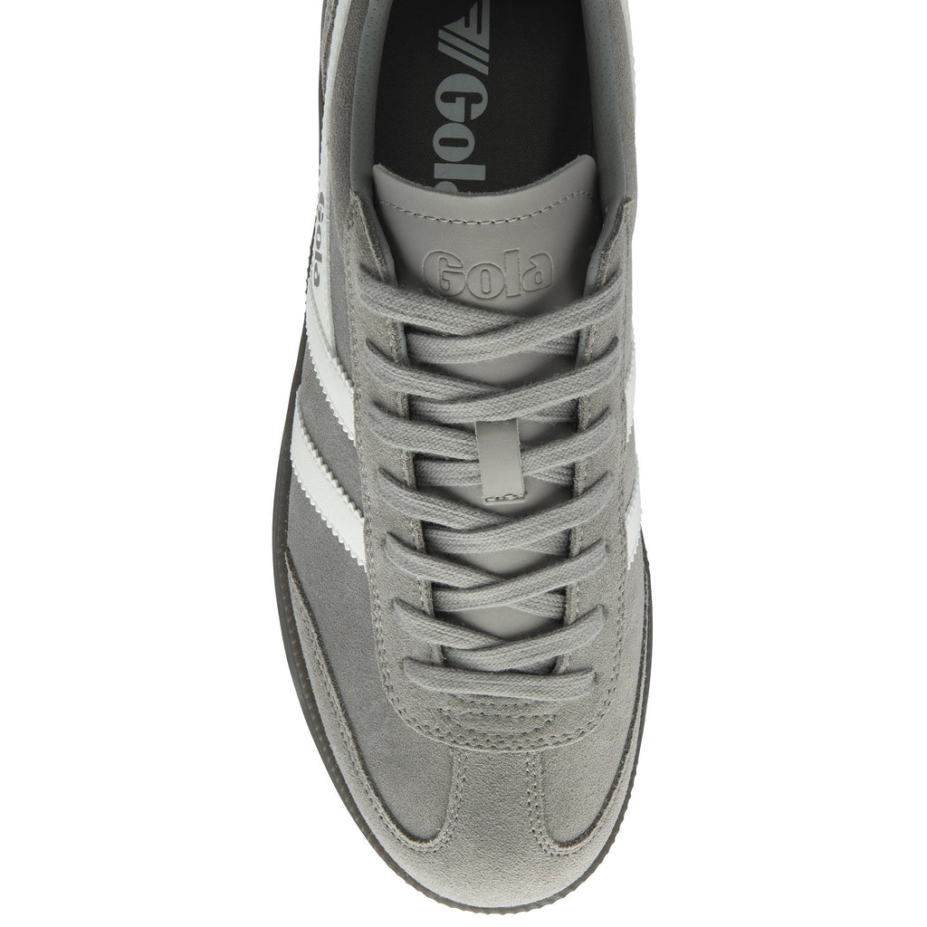 A top-down view of a single gray Gola sneaker with white stripes and gray laces.