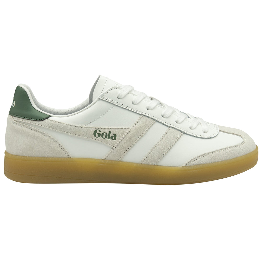 Side profile of a white Gola sneaker with green and beige accents and a gum sole.