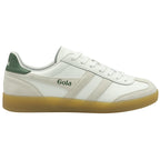 Side profile of a white Gola sneaker with green and beige accents and a gum sole.