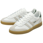 Pair of white Gola sneakers with green and beige accents and gum soles, angled side by side.