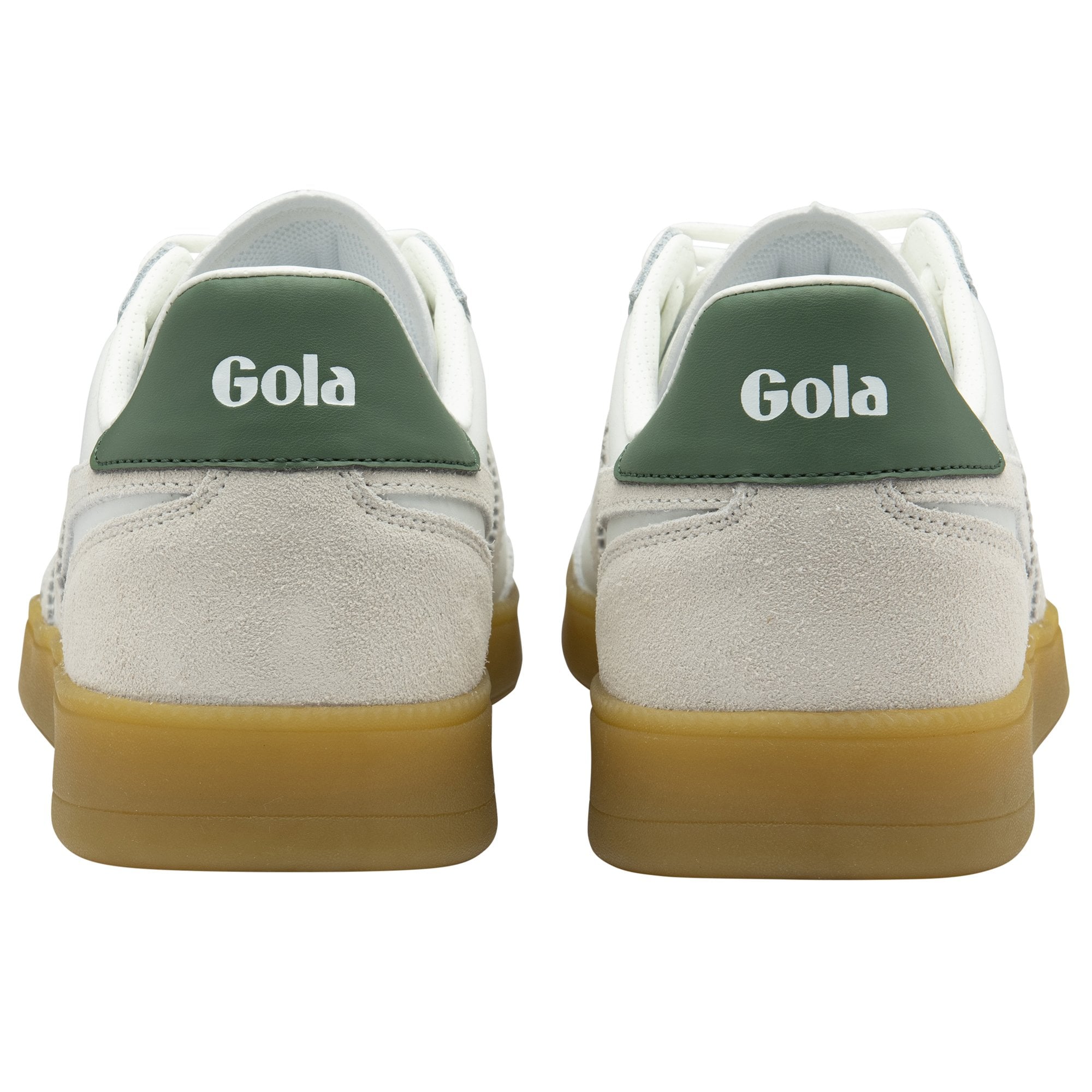 Rear view of two white Gola sneakers, showing green heel tab with 'Gola' logo.