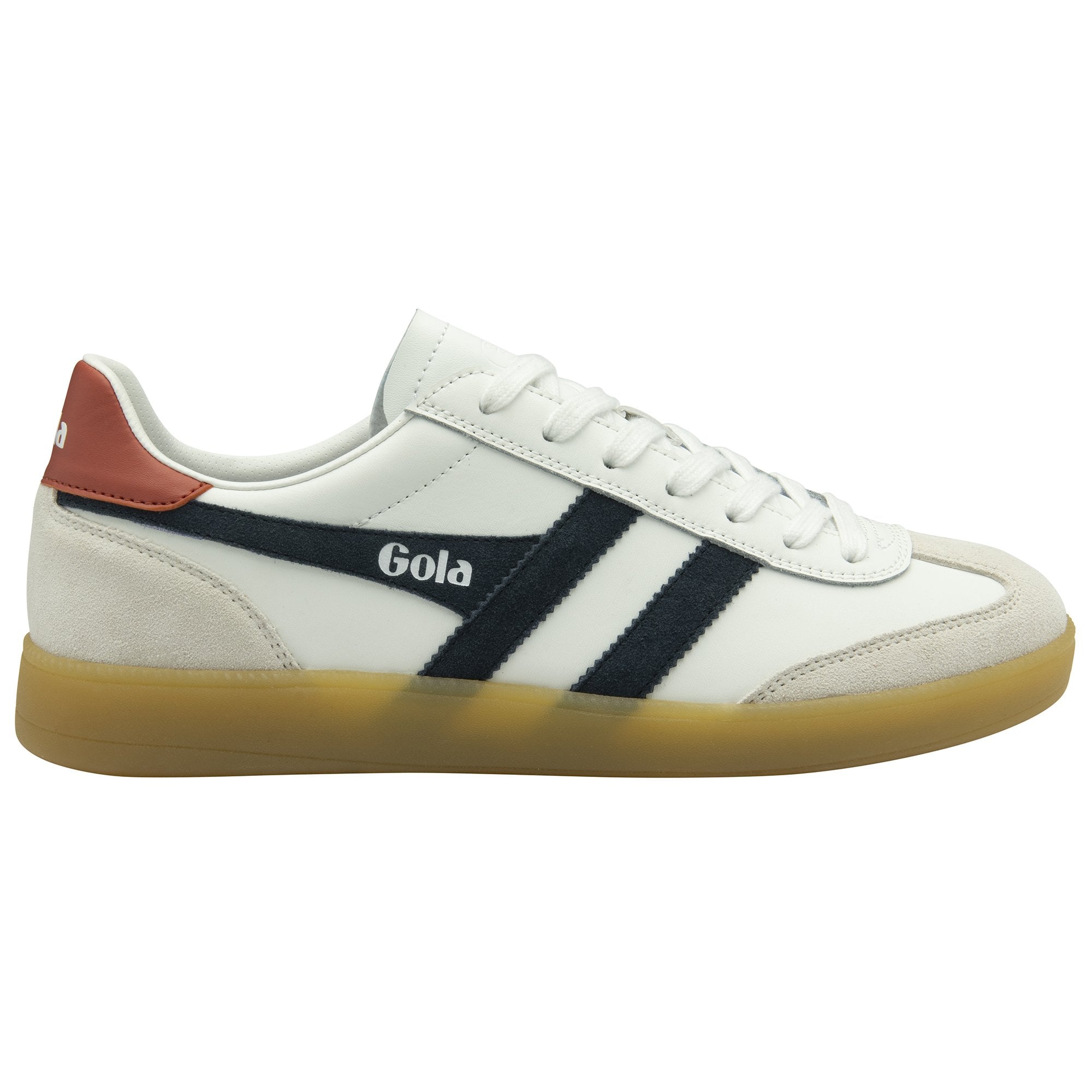 Side profile of the Gola Elan sneakers in white with navy and red accents.