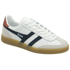 Side view of white Gola Elan sneakers with navy stripes and a gum sole.