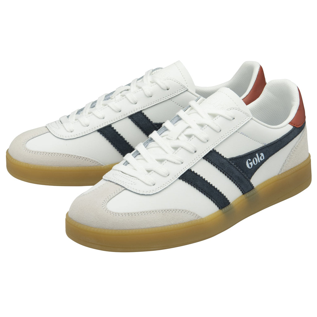 Pair of Gola Elan sneakers, white with navy stripes and a brown heel tab.