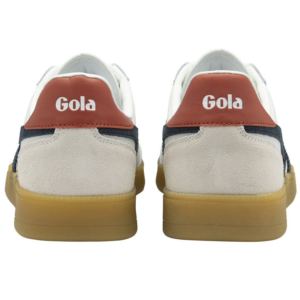 Rear view of two Gola Elan sneakers showing the brown heel tabs with Gola logo.