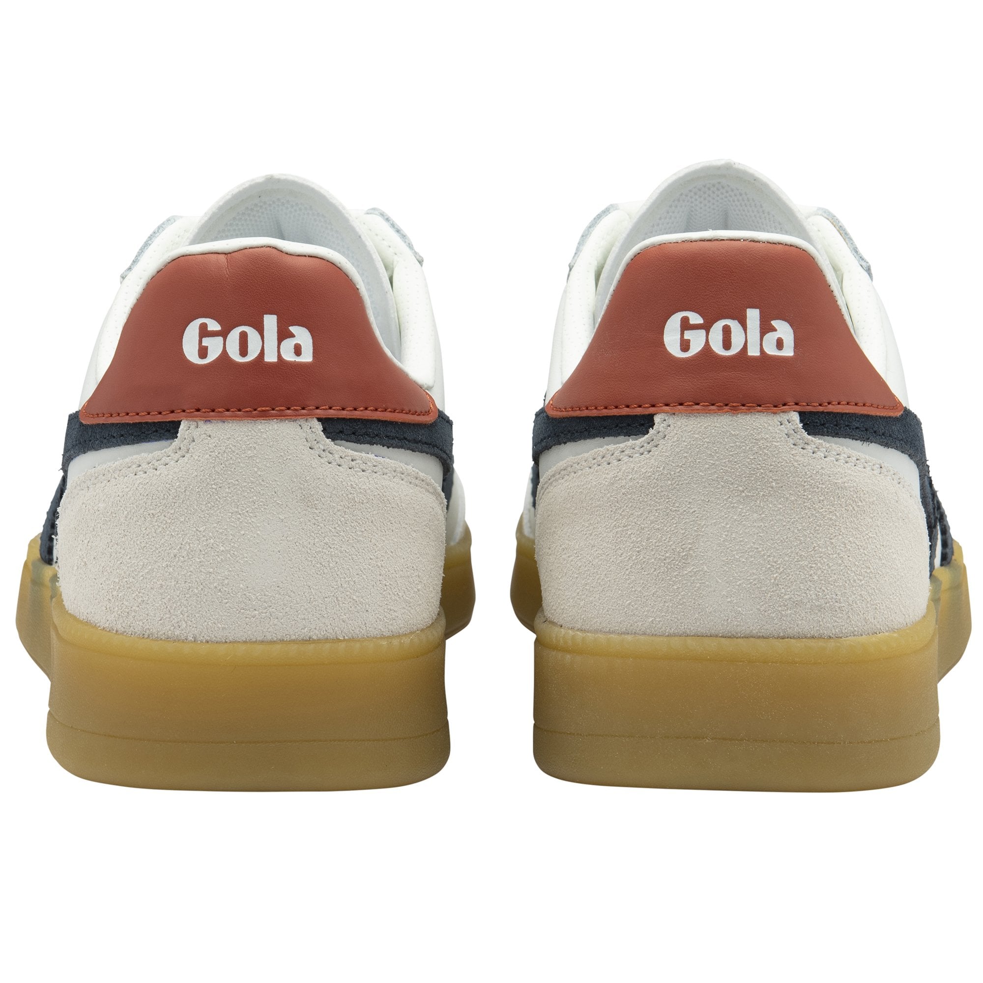 Rear view of two Gola Elan sneakers showing the brown heel tabs with Gola logo.