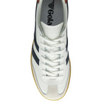 Top-down view of a white Gola Elan sneaker with navy stripes and laces.