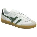 Three-quarter view of a white Gola sneaker with green stripes and a gum sole.
