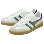 Pair of white Gola sneakers with green stripes and gum soles.