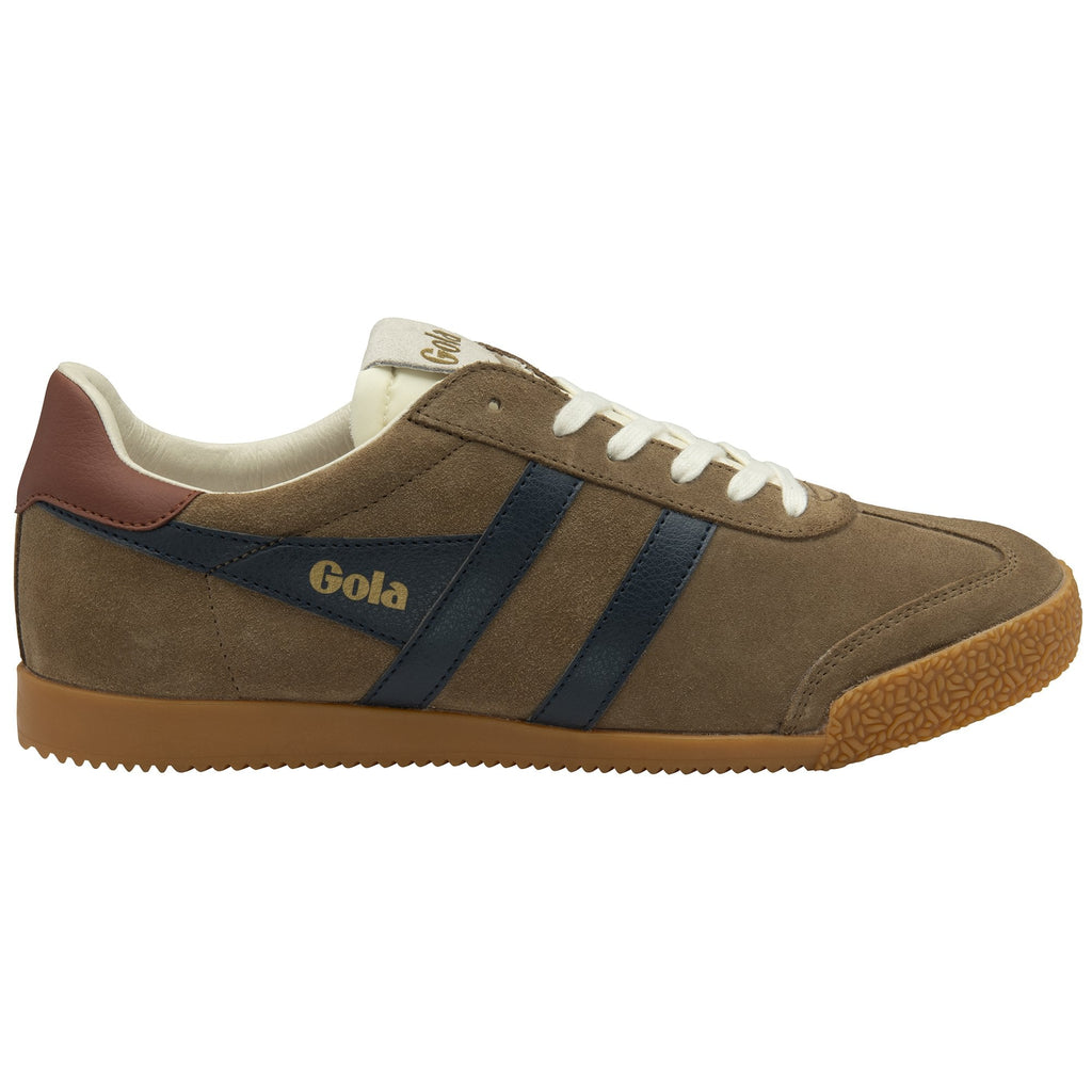 Side view of a single brown Gola sneaker with navy stripes and a gum sole.
