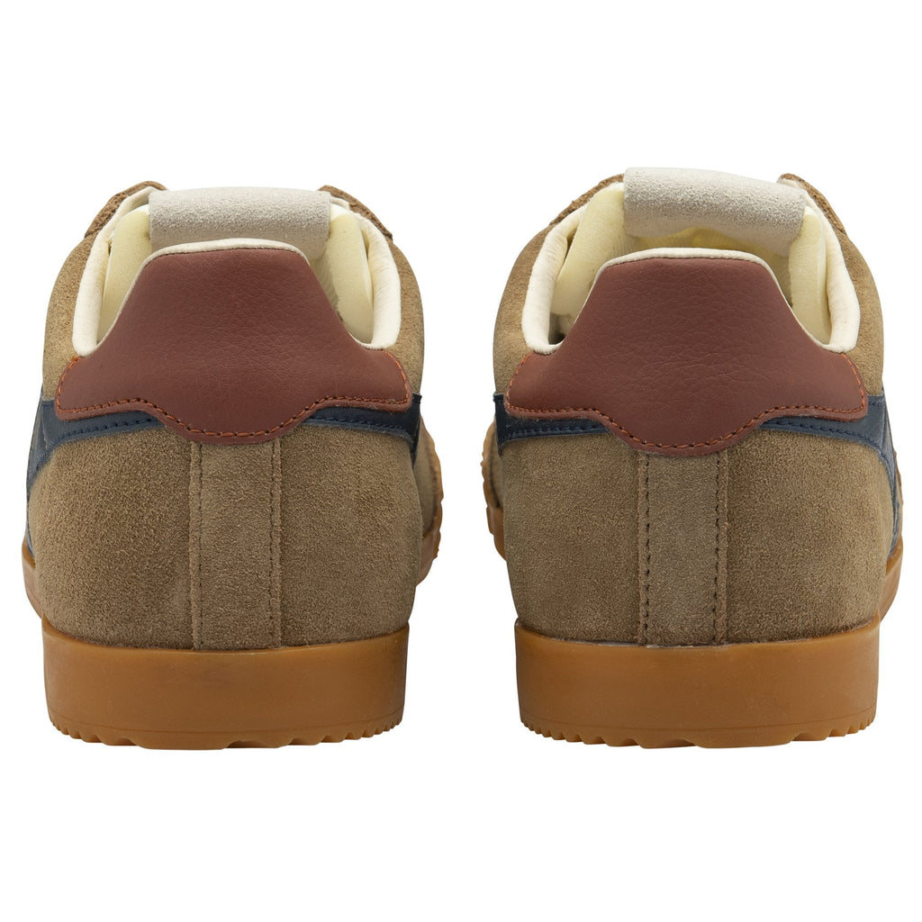 Back view of a pair of brown Gola sneakers with a dark brown heel cap and gum soles.