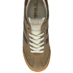 Top-down view of a brown Gola sneaker with navy stripes, white laces, and a gum sole.