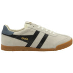 Side profile of a Gola men's Trainer in off-white with black stripes and blue accent.