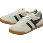 Pair of Gola men's Trainers in off-white with black stripes and blue accents.