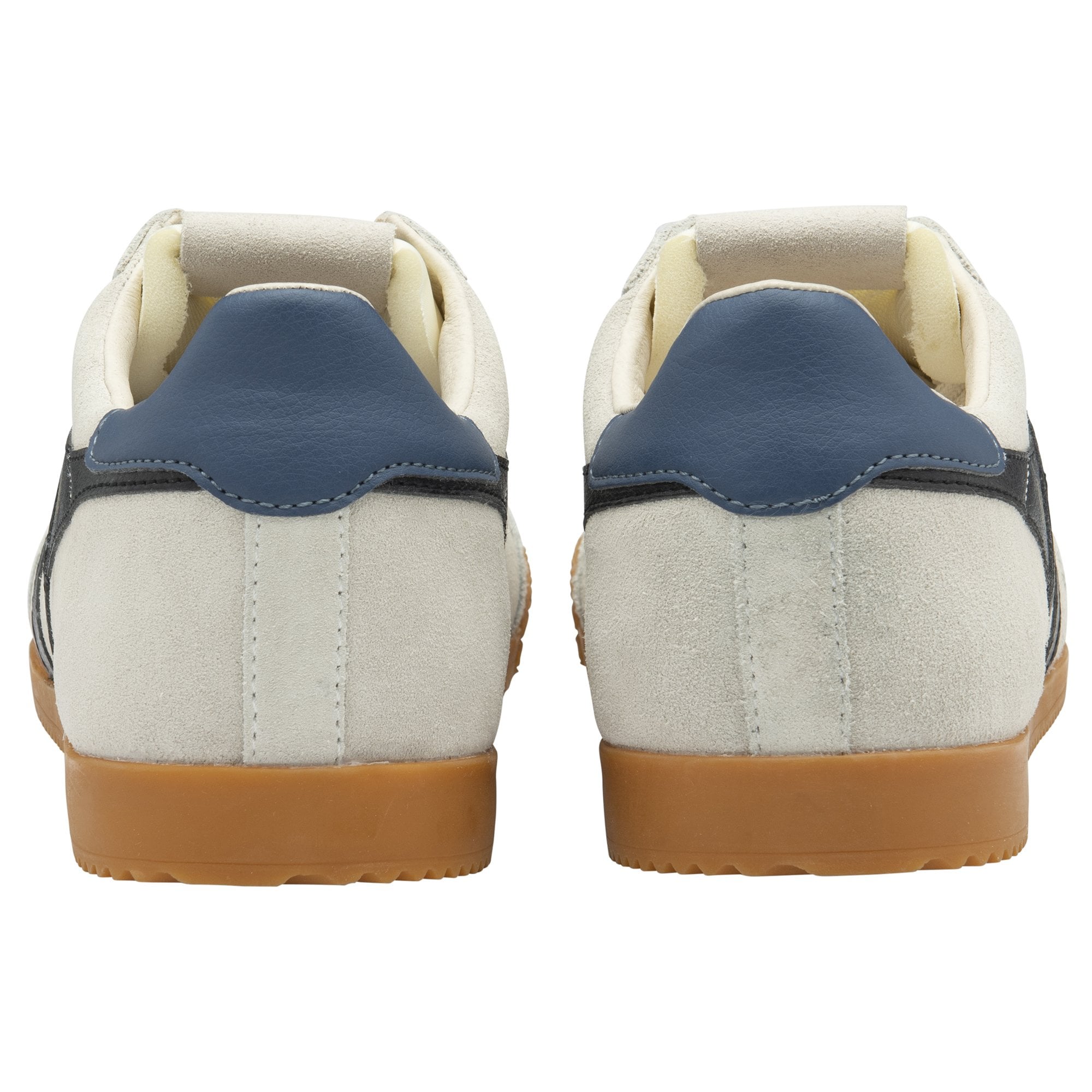 Rear view of a pair of Gola men's Trainers showcasing blue heel accents and brown soles.