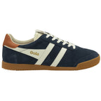 A single Gola men's Harrier sneaker in navy with white stripes and tan accents, side view.