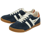 A pair of Gola men's Harrier sneakers in navy with white stripes and tan accents.