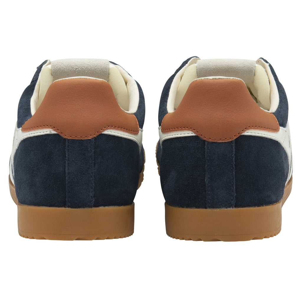Back view of a pair of Gola men's Harrier sneakers with tan heel accents.