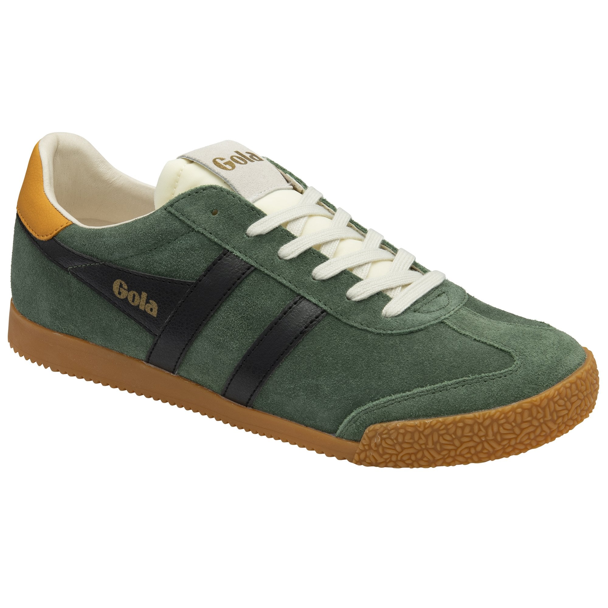 Front-side view of a Gola men's trainer in green suede with black stripes and a tan heel.