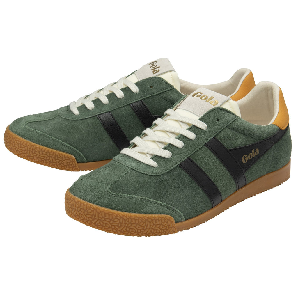 Pair of Gola men's trainers in green suede with black stripes and tan heels.
