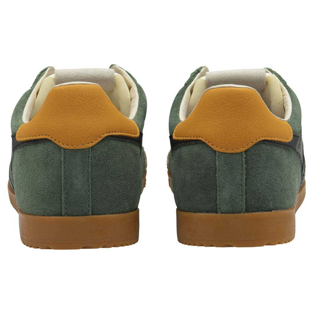 Rear view of a pair of Gola men's trainers in green suede with tan heels.