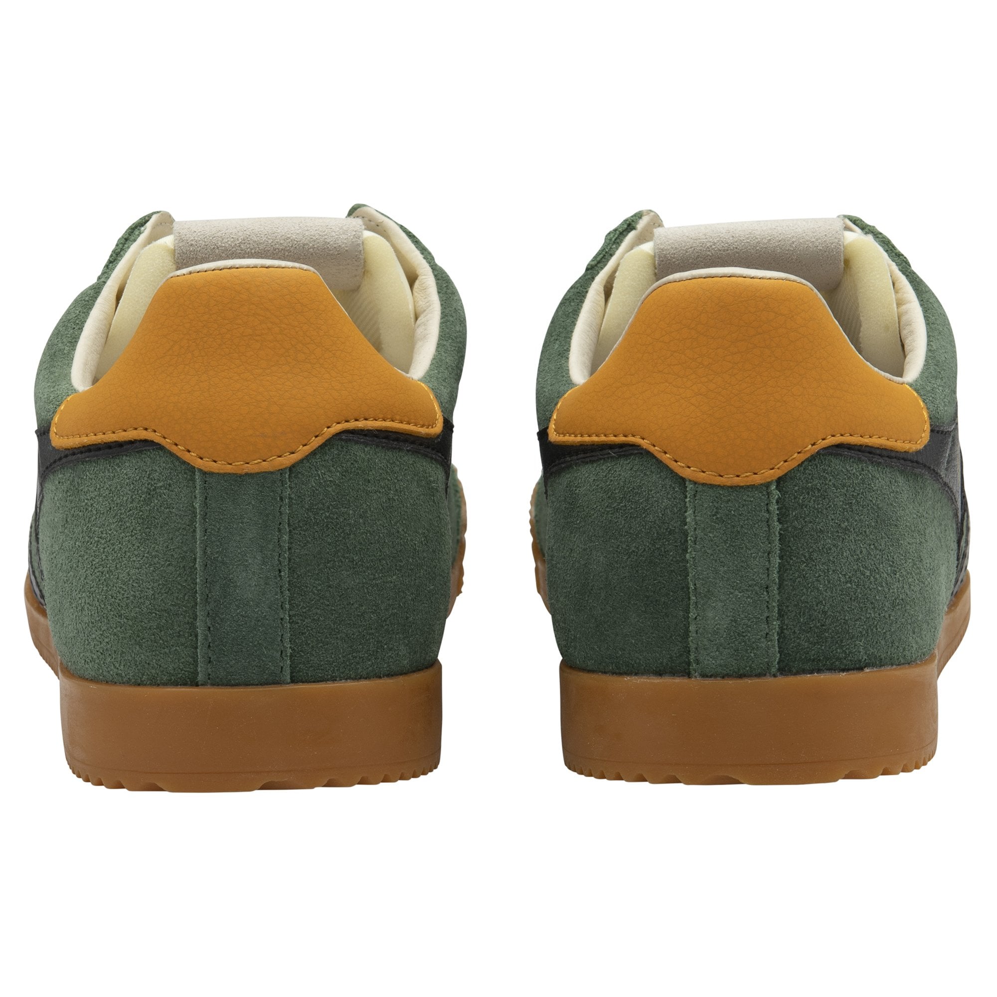 Rear view of a pair of Gola men's trainers in green suede with tan heels.