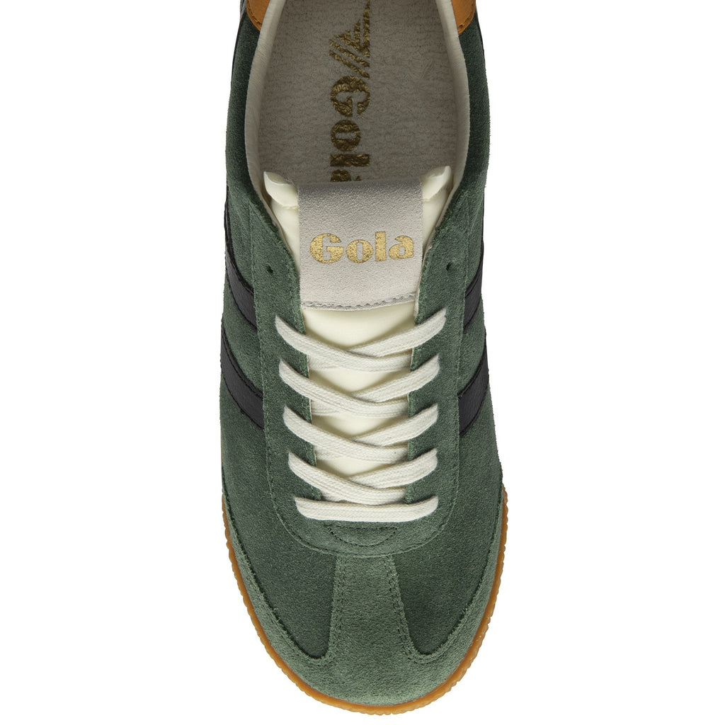 Top-down view of a Gola men's trainer in green suede with black stripes and white laces.